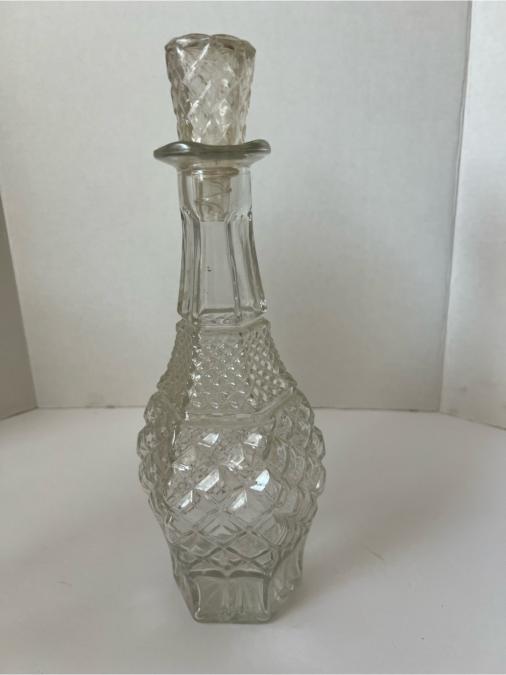 Vintage Clear Pressed Glass Pineapple Diamond Decanter Hollow Stopper approx12"